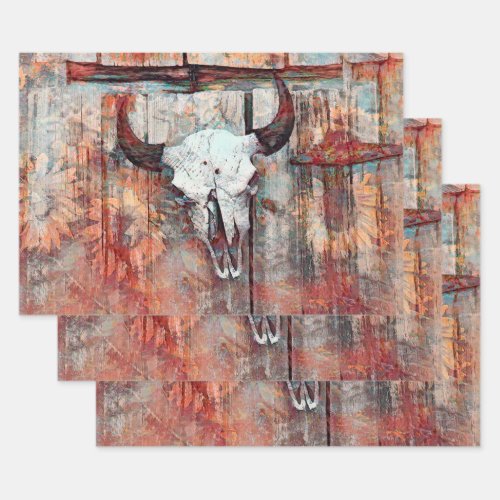 Rustic Western Rust Brown Bull Skull Sunflowers Wrapping Paper Sheets
