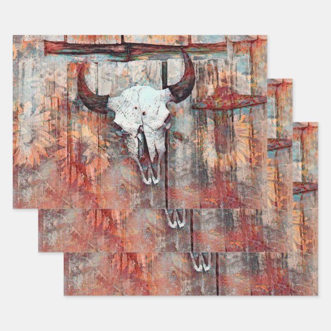 Rustic Western Rust Brown Bull Skull Sunflowers Wrapping Paper Sheets (Set)