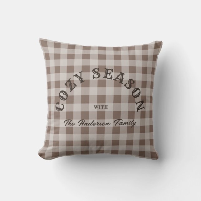 Rustic Western Script Custom Brown Gingham Pattern Throw Pillow (Front)