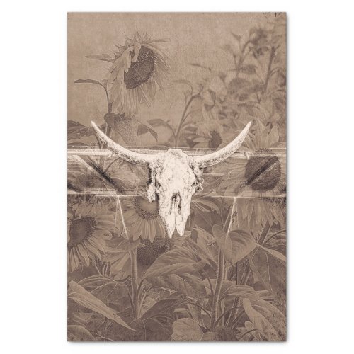 Rustic Western Sepia Brown Sunflowers Bull Skull Tissue Paper