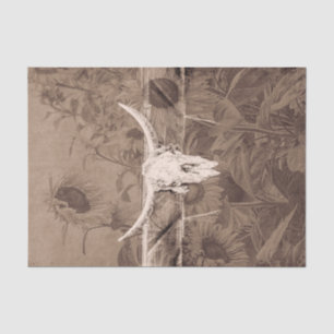 Rustic Western Sepia Brown Sunflowers Bull Skull Tissue Paper