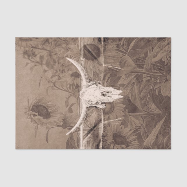 Rustic Western Sepia Brown Sunflowers Bull Skull Tissue Paper (Front)