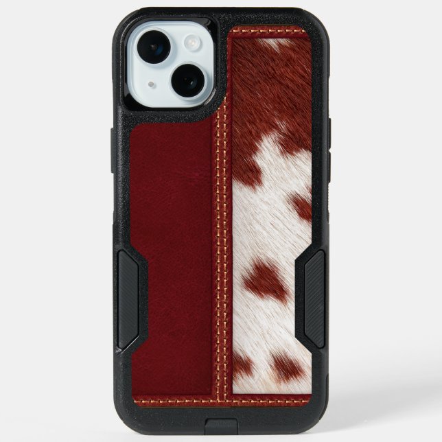 Rustic Western Simulated Leather & Cowhide iPhone 15 Plus Case (Back)