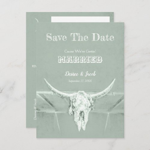 Rustic Western Skull Sage Green Save The Date Postcard