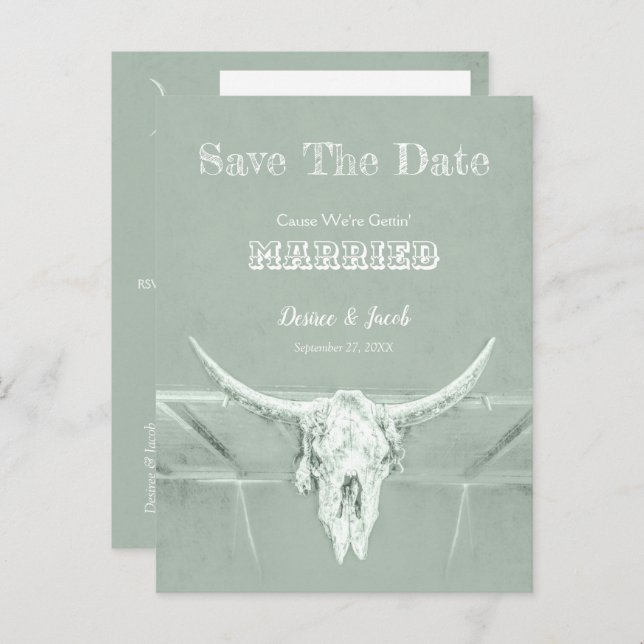 Rustic Western Skull Sage Green Save The Date Postcard (Front/Back)