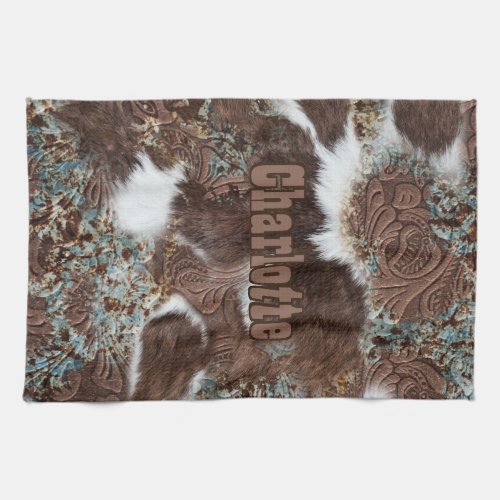 Rustic Western Southwest Cowhide Leather Name Kitchen Towel