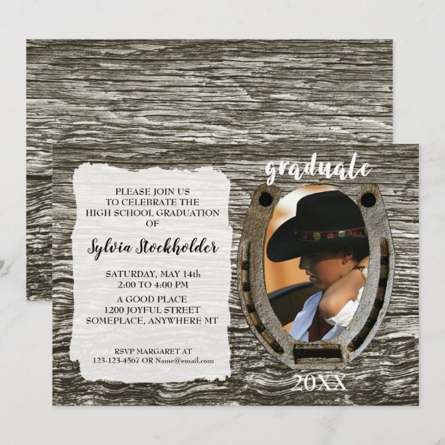 Rustic Western-style Graduation Invite with photo (Front/Back)