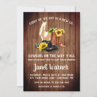 Rustic Western Sunflower Cowgirl Baby Shower Invitation | Zazzle