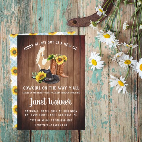 Rustic Western Sunflower Cowgirl Baby Shower Invitation