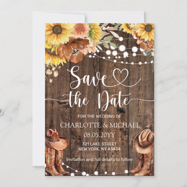 Rustic Western Sunflower Save the Date Wedding Invitation (Front)