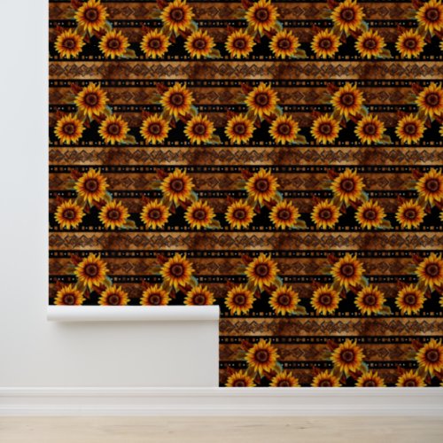 Rustic Western Sunflowers Floral Pattern Wallpaper