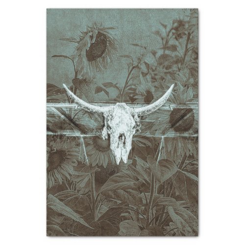 Rustic Western Teal Brown Sunflowers Bull Skull Tissue Paper