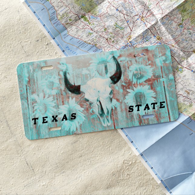 Rustic Western Teal Bull Skull Sunflowers Wood License Plate (In Situ)