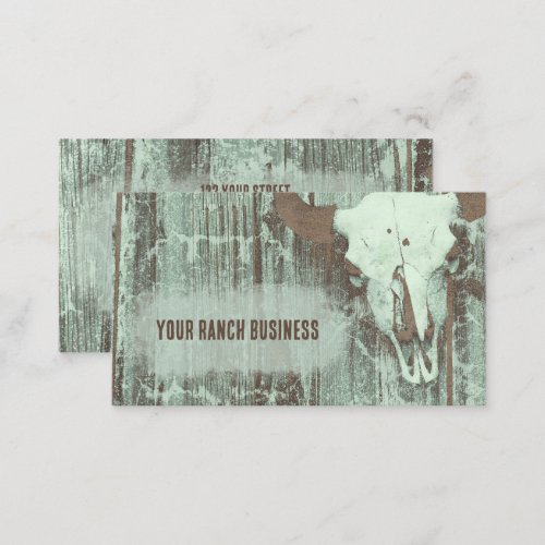 Rustic Western Teal Green Brown Vintage Bull Skull Business Card