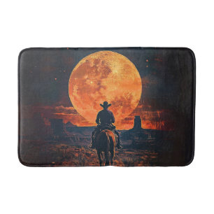 Rustic Western Themed Cowboy Riding Toward Moon  Bath Mat