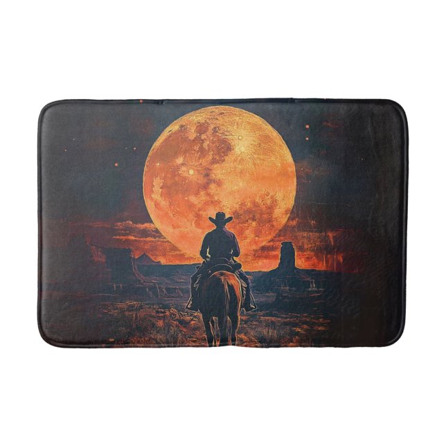 Rustic Western Themed Cowboy Riding Toward Moon  Bath Mat (Front)