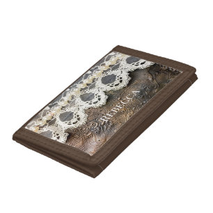 Rustic Western Tooled Leather and Antique Lace Lg Tri-fold Wallet
