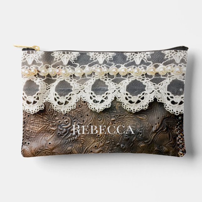 Rustic Western Tooled Leather and Antique Lace Sm Accessory Pouch (Front)