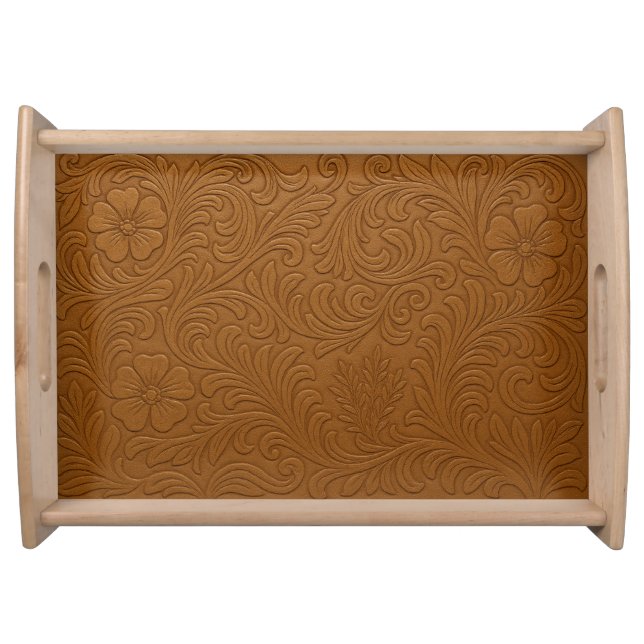 Rustic Western Tooled Leather Print Serving Tray (Front)
