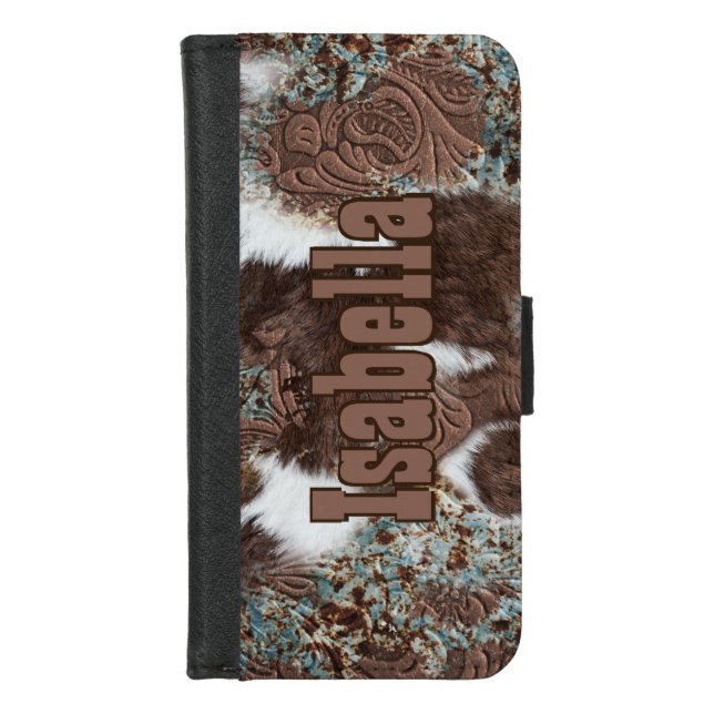 Rustic Western Turquoise Cowhide Leather iPhone Wallet Case (Front)