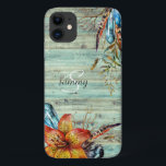 Rustic Western Turquoise Wood Boho Floral Monogram iPhone 11 Case<br><div class="desc">Boho Chic Floral and Feathers on Wood Design and your monogram. The perfect rustic phone case. Add your custom wording to this design by using the "Edit this design template" boxes on the right hand side of the item, or click the blue "Customize it" button to arrange the text, change...</div>