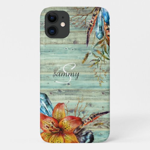 Rustic Western Turquoise Wood Boho Floral Monogram iPhone 11 Case