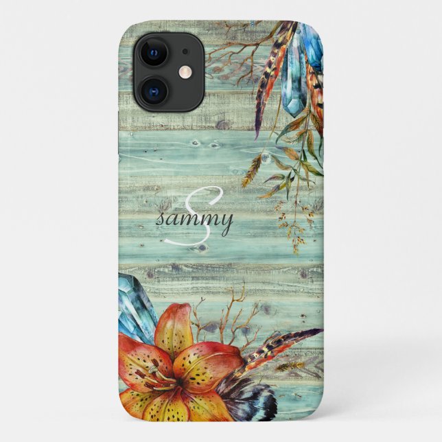 Rustic Western Turquoise Wood Boho Floral Monogram Case-Mate iPhone Case (Back)