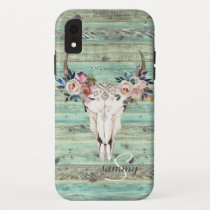 Rustic Western Turquoise Wood Cow Skull Monogram iPhone XR Case