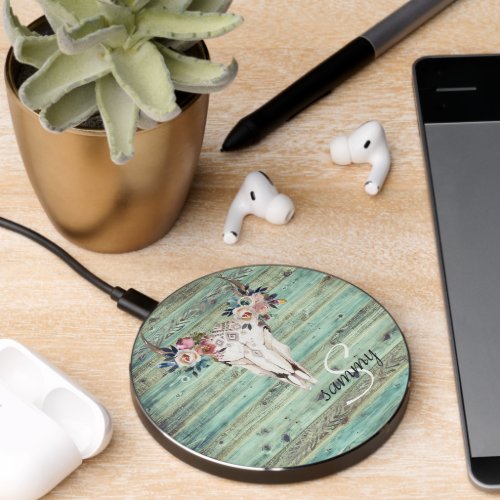 Rustic Western Turquoise Wood Cow Skull Monogram Wireless Charger