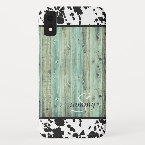 Rustic Western Turquoise Wood Cowhide Monogram iPhone XR Case