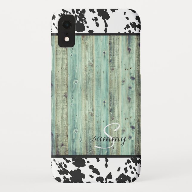 Rustic Western Turquoise Wood Cowhide Monogram Case-Mate iPhone Case (Back)