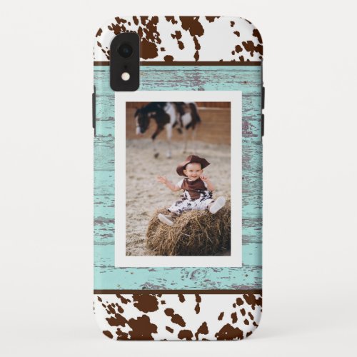 Rustic Western Turquoise Wood Cowhide Photo iPhone XR Case
