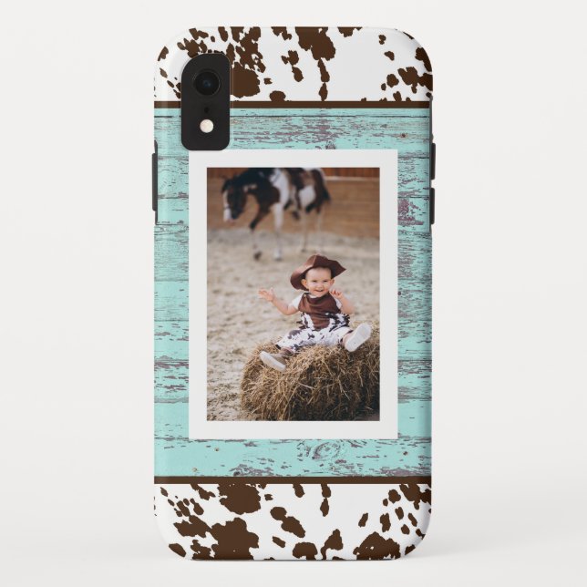 Rustic Western Turquoise Wood Cowhide Photo Case-Mate iPhone Case (Back)
