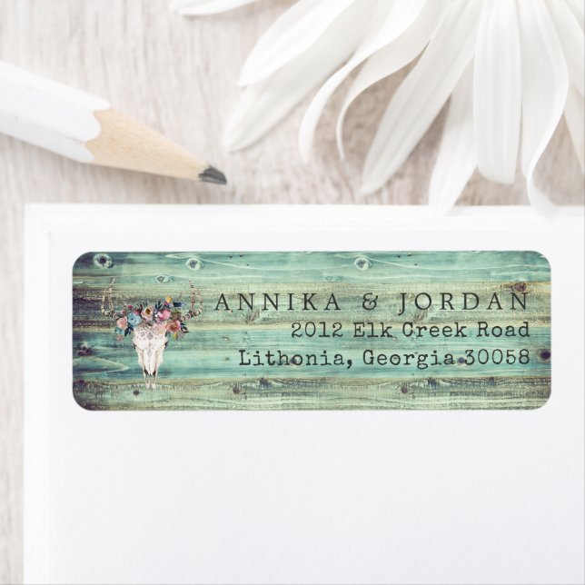 Rustic Western Turquoise Wood Deer Skull Address Label (Insitu)