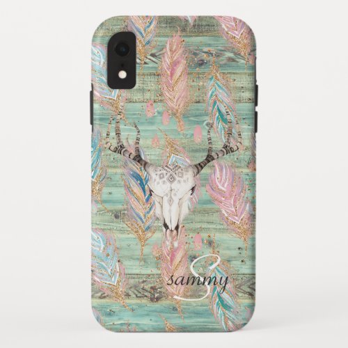 Rustic Western Turquoise Wood Deer Skull Monogram iPhone XR Case