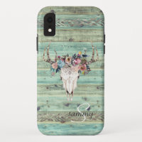 Rustic Western Turquoise Wood Deer Skull Monogram iPhone XR Case