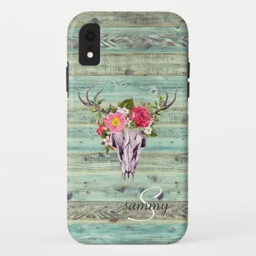 Rustic Western Turquoise Wood Deer Skull Monogram iPhone XR Case