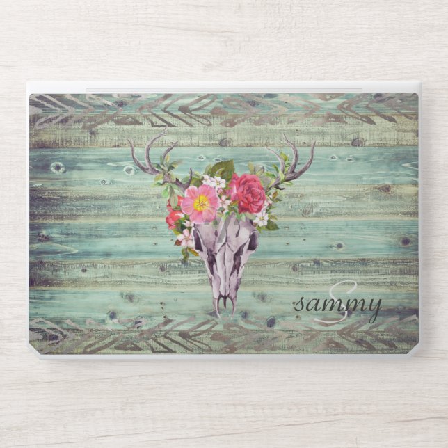Rustic Western Turquoise Wood Deer Skull Monogram HP Laptop Skin (Front)