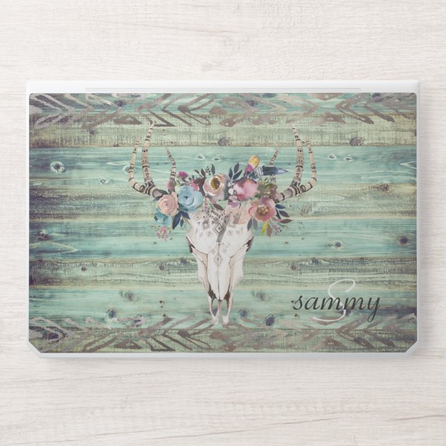 Rustic Western Turquoise Wood Deer Skull Monogram HP Laptop Skin (Front)
