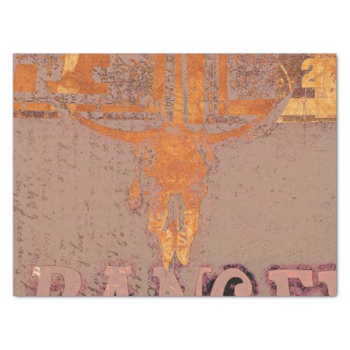 Rustic Western Vintage Bull Skull Orange Script Tissue Paper