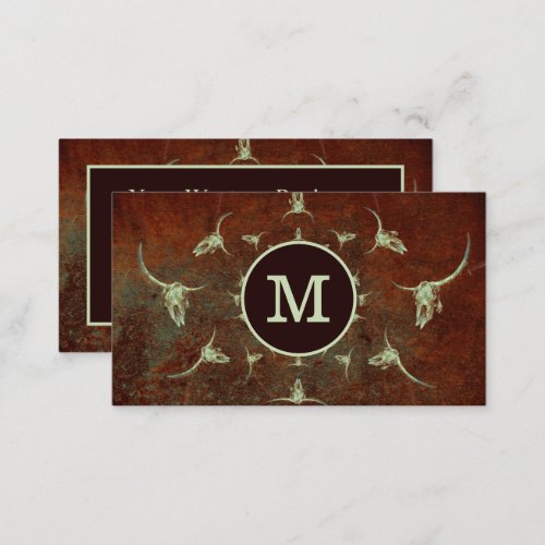 Rustic Western Vintage Monogram Brown Bull Skull Business Card