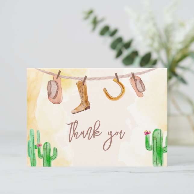 Rustic Western Watercolor Cowboy Baby Shower Thank You Card (Standing Front)