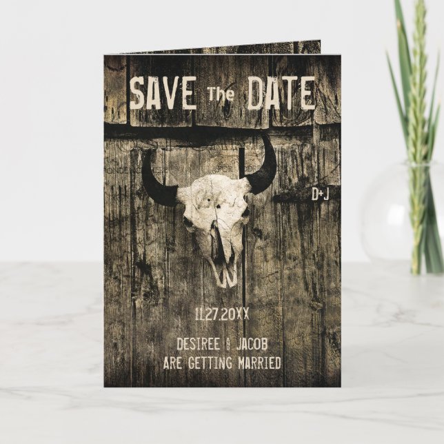 Rustic Western Wedding Cow Skull Save The Date Announcement (Front)
