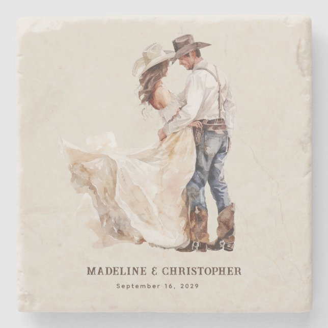 Rustic Western Wedding Stone Coaster (Front)