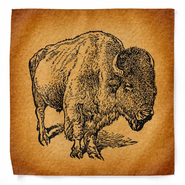 Rustic Western Wild Buffalo Bison Antique Art Bandana (Front)