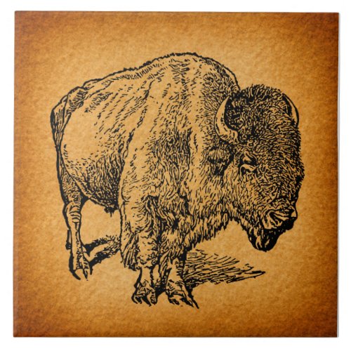 Rustic Western Wild Buffalo Bison Antique Art Ceramic Tile