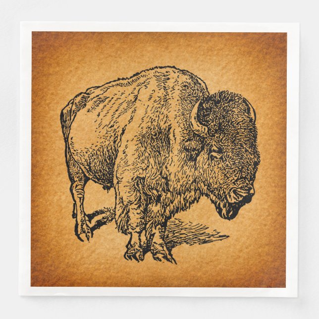 Rustic Western Wild Buffalo Bison Antique Art Paper Dinner Napkins (Front)
