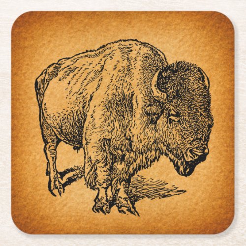 Rustic Western Wild Buffalo Bison Antique Art Square Paper Coaster