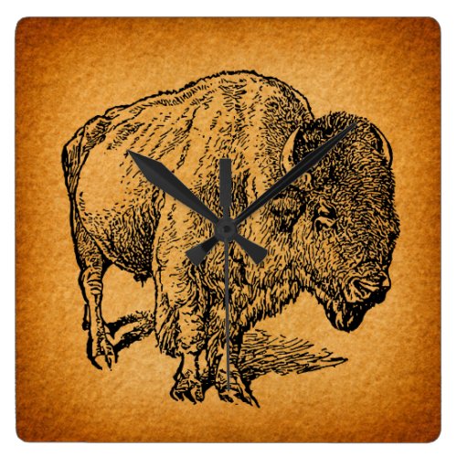 Rustic Western Wild Buffalo Bison Antique Art Square Wall Clock