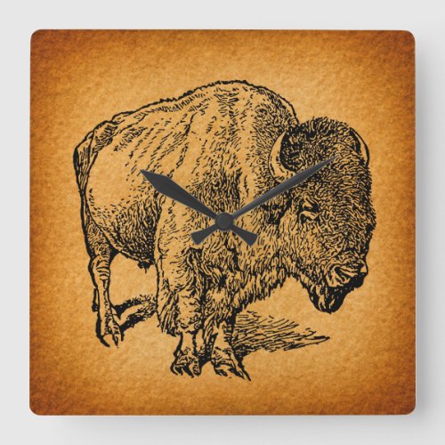 Rustic Western Wild Buffalo Bison Antique Art Square Wall Clock